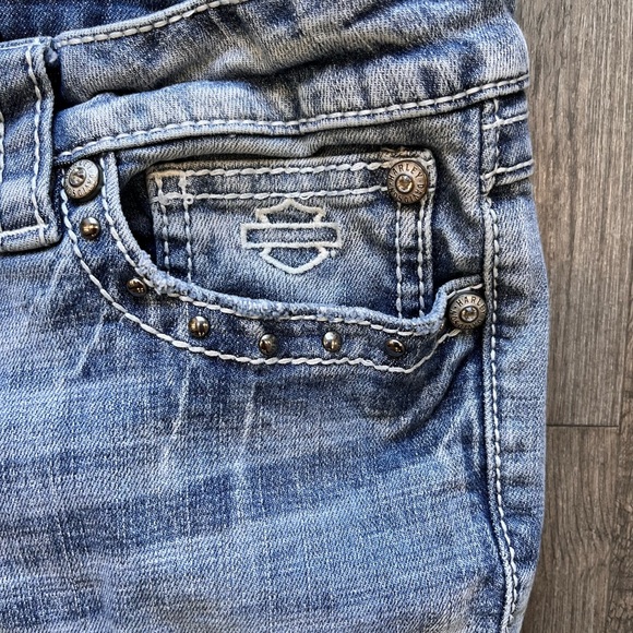 Harley Davidson distressed ripped low rise jeans. Gem and stud details. - Picture 8 of 15
